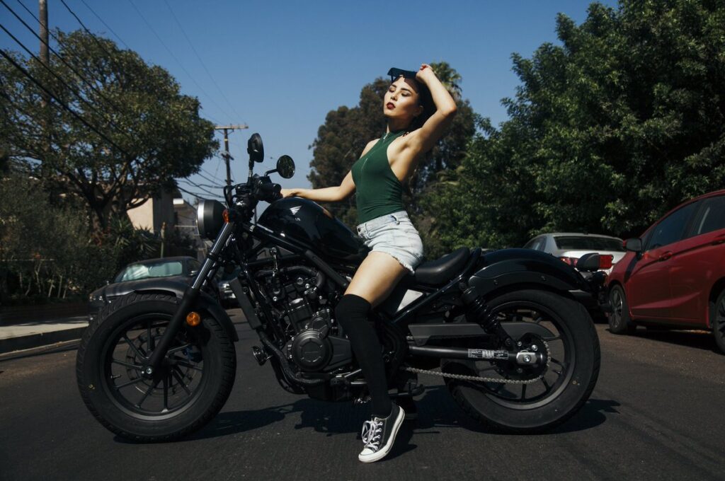 Anna Akana on her motorcycle, Honda Rebel 500