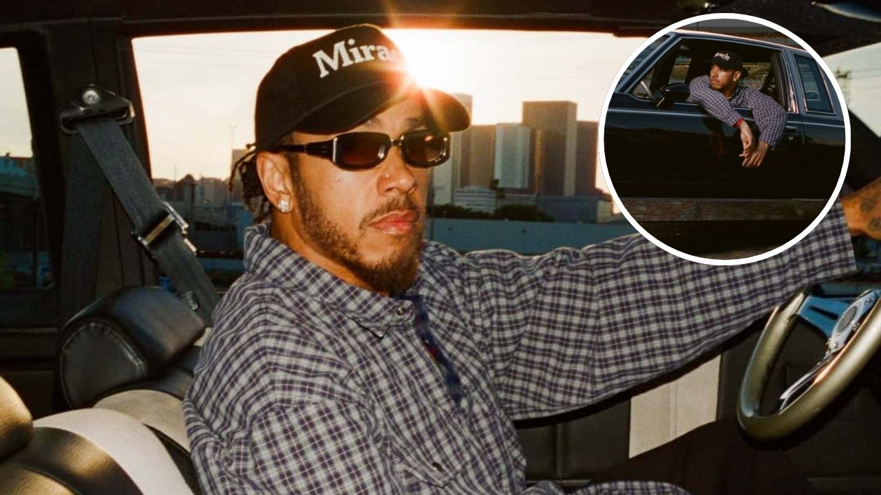 Lewis Hamilton driving buick lowrider car